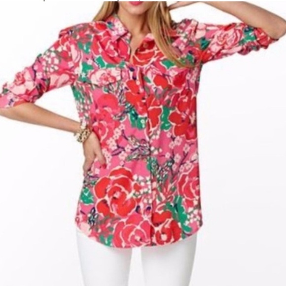 Lilly Pulitzer Kapri Top Hotty Pink A Thing Called Love Button Up Shirt XS - Picture 4 of 4